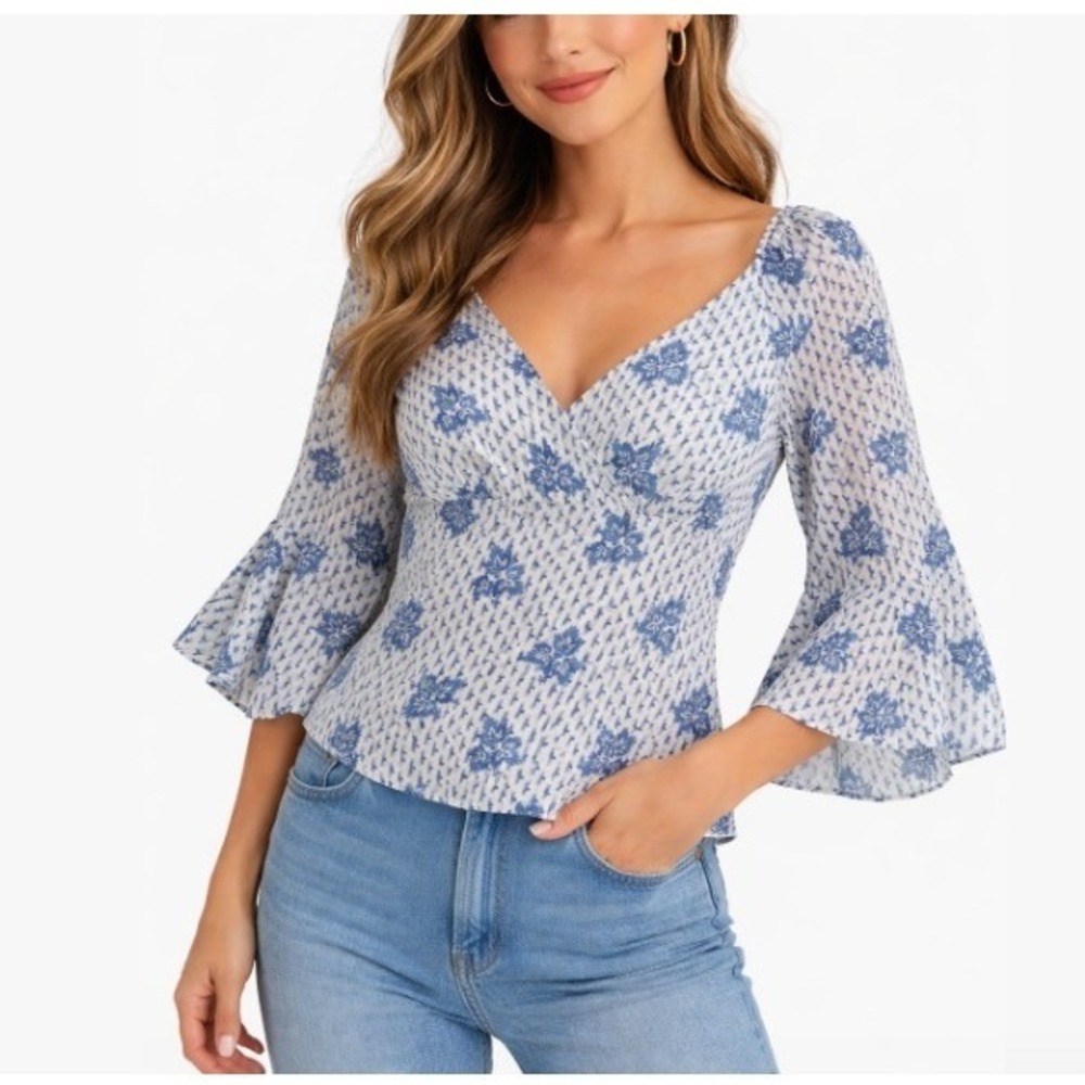 NWT Vintage Ann Taylor LOFT Bell Sleeve Wrap Top size 8 Floral Y2K Feminine